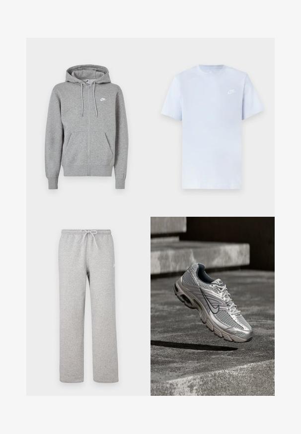 Hall hallikangast lukuga dressipluus. Sellel on nööriga kapuuts, kaks esitaskut ja väike valge logo rinnal.; Hele sinine puuvillane t-särk lühikeste varrukatega, ümar kaelus ja valge Nike logo trükituna vasakul rinnal. Sile tekstuur, lihtne disain.; Hallid dressipüksid elastse vöö ja nööriga. Valmistatud pehmest kangast, sirgete sääreosadega ja tagasihoidliku logoga.; Hõbedane ja hall Nike jooksujalats hõljuvas õhus betoonastmete kohal, näidates võrkkestast pealmist osa ja pehmendusega tallafunktsioone.