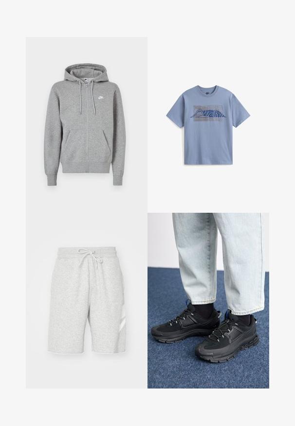 Grijze hoodie met ritssluiting, gemaakt van zachte stof. Voorzien van een capuchon met trekkoord, twee zakken aan de voorkant en een klein wit logo op de borst.; Lichtblauwe t-shirt met korte mouwen met een grafisch ontwerp van een blauw en grijs abstracte golf en een dambordpatroon aan de voorkant.; Heren grijze sweatshorts van zacht katoen, met een elastische tailleband met trekkoord, zijzakken en een witte logo-detail.; Zwarte sportschoenen met gestructureerde stof en rubberen zolen, met elastische veters en een blauwe accent op de hiel. Draag samen met lichte spijkerbroeken.