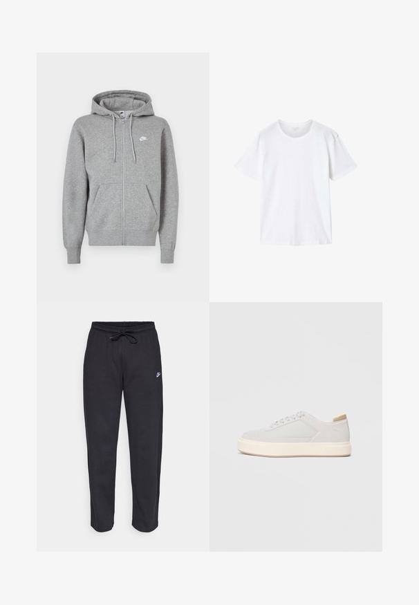 Grå hoodie med lynlås, lavet af blødt stof. Har snøre i hætten, to forlommer og en lille hvid logo på brystet.; Hvid, ensfarvet, kortærmet T-shirt i bomuld med rund hals og en løs pasform uden synlige logoer eller mønstre.; Sorte sweatpants lavet af blødt stof med elastisk talje, snøre og et lille Nike-logo på venstre lår.; Lys grå sneakers med en glat syntetisk overdel, rund tå og en struktureret crème mellemsål. Lysebrune accenter på hælen.