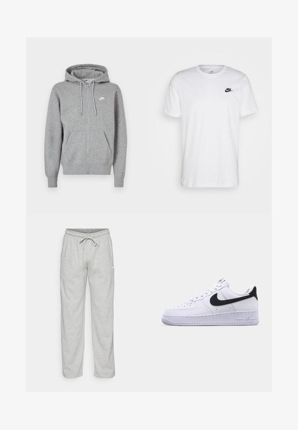 Hall hallikangast lukuga dressipluus. Sellel on nööriga kapuuts, kaks esitaskut ja väike valge logo rinnal.; Valge puuvillane T-särk, millel on ringkaelus, lühikesed varrukad ja must Nike logo vasakul rinnal. Lihtne, ühtlane värvi disain.; Heledad hallhallid, mis on valmistatud pehmest kangast. Omab elastset vöökohta, millel on nöör ja must Nike logo vasakul reitel.; Valge nahast toss musta tekstuuriga Swooshiga, lamedate nööridega ja kummist tallaga, millel on sooneline muster. "AIR" on reljeefne kandadel.