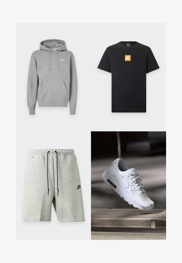 Grijze hoodie met ritssluiting, gemaakt van zachte stof. Voorzien van een capuchon met trekkoord, twee zakken aan de voorkant en een klein wit logo op de borst.; Zwart Nike T-shirt met korte mouwen, voorzien van een klein oranje vierkant logo en een witte Nike-swoosh in het midden van de borst.; Lichtgrijze Nike short met zwarte trekkoorden, elastische taille, zijzakken en een klein zwart Nike-logo op het linkerbeen.; Witte Nike Air Max 90 sneaker met een bovenwerk van mesh en leer, een geperforeerde teenbox en een zichtbare luchtunit in de hiel.