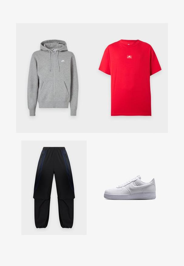 Grå hoodie med lynlås, lavet af blødt stof. Har snøre i hætten, to forlommer og en lille hvid logo på brystet.; Rød t-shirt med korte ærmer og rund hals med en lille hvid grafik af en amor midt på brystet.; Sorte og mørkeblå cargobukser med elastisk linning og manchetter, de har lynlåslommer på siden og lagdelte stofpaneler på lårene.; Hvid lavtop Nike Air Force 1 sneaker med snørelukning og tekstureret sål vist i sideprofil på hvid baggrund.