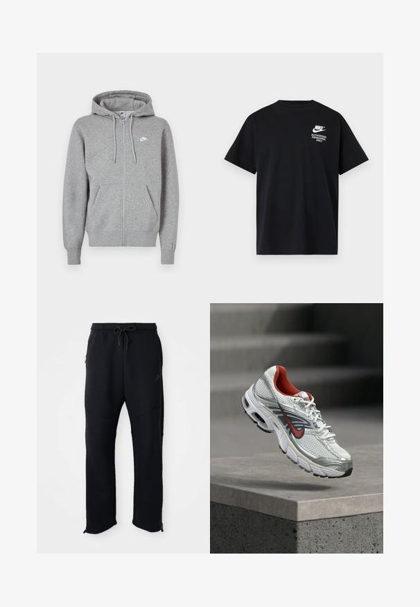 Šedá mikina na zips vyrobená z mäkkej látky. Má kapucňu so šnúrkou, dve predné vrecká a malú bielu logo na hrudi.; Čierne tričko Nike s krátkym rukávom, s bielym textom "Authorized Personnel Only" a logom na hornej ľavej časti hrude.; Čierne športové nohavice s elastickým pásom a šnúrkou, majú postranné vrecká, zúžené nohavice a zipsy na členkoch. Hladká textúra.; Biely a strieborný bežecký topánka Nike s červenými akcentmi, ktorý visí nad betónovou hranou a ukazuje jeho bočné a podrážkové detaily.