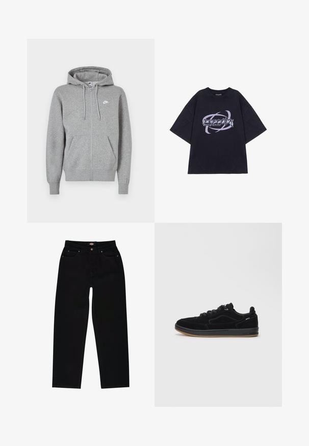 Grå hoodie med lynlås, lavet af blødt stof. Har snøre i hætten, to forlommer og en lille hvid logo på brystet.; Sort oversized T-shirt lavet af bomuld med et grafisk print, der viser teksten "Pegador Most Alive" samt svajende detaljer i lilla og sølv.; Sorte denim jeans med lige pasform, der har fem lommer, brun syning og lynlåslukning. Glat tekstur og holdbart materiale.; Sorte ruskinds-sneakers med en glat gummisål, der har et lavt design, runde snørebånd og subtile syningsdetaljer.