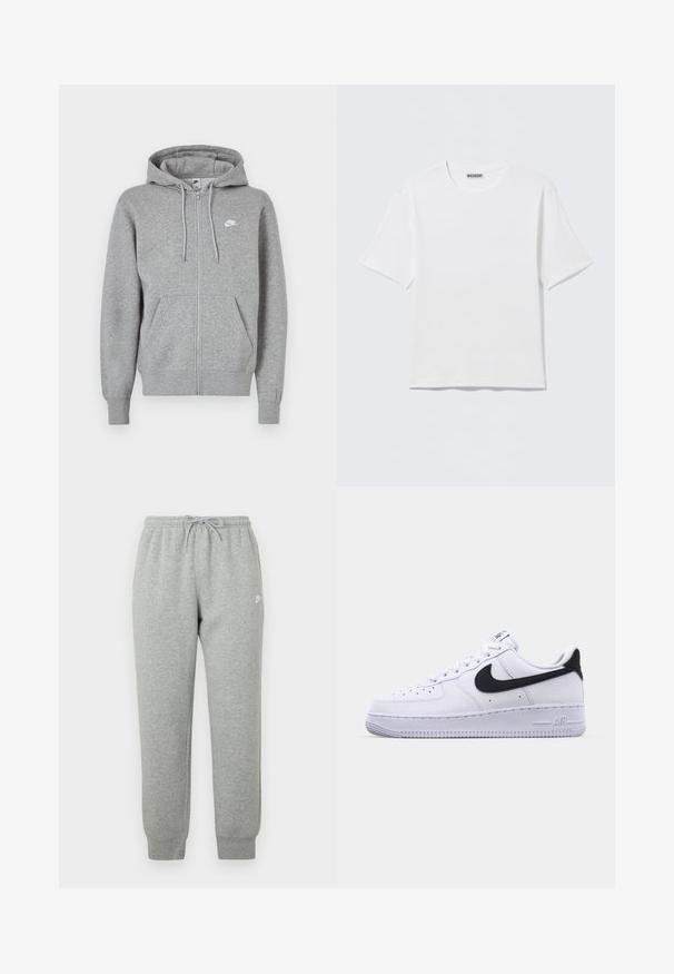 Grijze hoodie met ritssluiting, gemaakt van zachte stof. Voorzien van een capuchon met trekkoord, twee zakken aan de voorkant en een klein wit logo op de borst.; Effen witte T-shirt met korte mouwen en ronde hals, met een klein "WEEKDAY" label aan de binnenkant van de achterkraag, weergegeven op een vlakke ondergrond.; Grijze trainingsbroek gemaakt van zachte stof, met een elastische tailleband met trekkoord, taps toelopende pijpen en een klein wit logo aan de zijkant.; Witte leren sneaker met een gestructureerde zwarte Swoosh, platte veters en een rubberen zool met een geribbeld patroon. "AIR" is in de hak geperst.