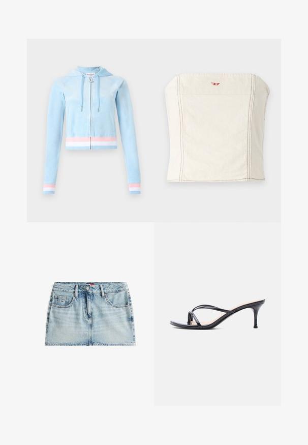 Gekürzter Zip-Hoodie aus hellblauem Velours, mit pastellrosa und weißen gestreiften Akzenten an den Bündchen und dem Saum, und Kapuze mit Kordelzug.; Hellbeige, tailliertes Crop-Top aus Baumwolle mit geradem Ausschnitt, minimalen Nahtdetails und einem kleinen roten Logo auf der Vorderseite.; Denim-Minirock in Hellblau mit einem Fünf-Taschen-Design, sichtbaren Nähten und einem Knopfverschluss vorne. Glatte Textur, leicht ausgeblichen.; Schwarze Peeptoe-Sandale aus Lackleder mit dünnen, gekreuzten Riemen und einem schlanken, mittelhohen Stilettoabsatz vor weißem Hintergrund.