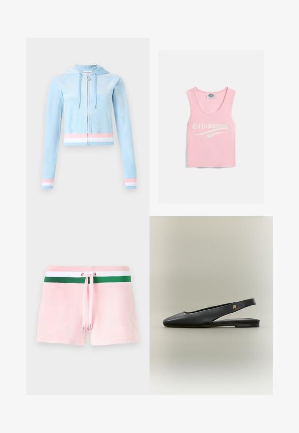 Korte gebreide hoodie in lichtblauwe velours, met pastelroze en witte streepdeteils op de mouwen en zoom, uitgerust met een trekkoord kap.; Roze geribbelde tanktop met een ronde halslijn, voorzien van witte tekst met de opdruk "Califreakinfornia Juicy" aan de voorkant.; Roze katoenen shorts met een groen-witte gestreepte tailleband, voorzien van een trekkoord en zilveren metalen uiteinden. Subtiele logo borduursel aan de zijkant.; Zwarte leren slingback platte schoen met spits toelopende neus en gouden logo-accent op het bandje, weergegeven op een neutrale achtergrond.