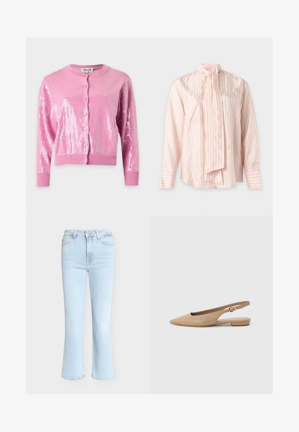 Cardigan rose à manches longues avec boutons, poignets et ourlet côtelés, décoré de sequins brillants sur les manches et le devant.; Blouse rose claire à manches longues avec de fines rayures verticales et un détail de foulard noué au cou, présentée sur un fond uni.; Jean en denim bleu clair à taille haute, poches devant et derrière, fermeture à bouton et à glissière, et jambes légèrement évasées.; Chaussure plate beige à bout pointu avec bride arrière et petit talon, équipée d'une sangle ajustable à boucle, sur un fond clair uni.