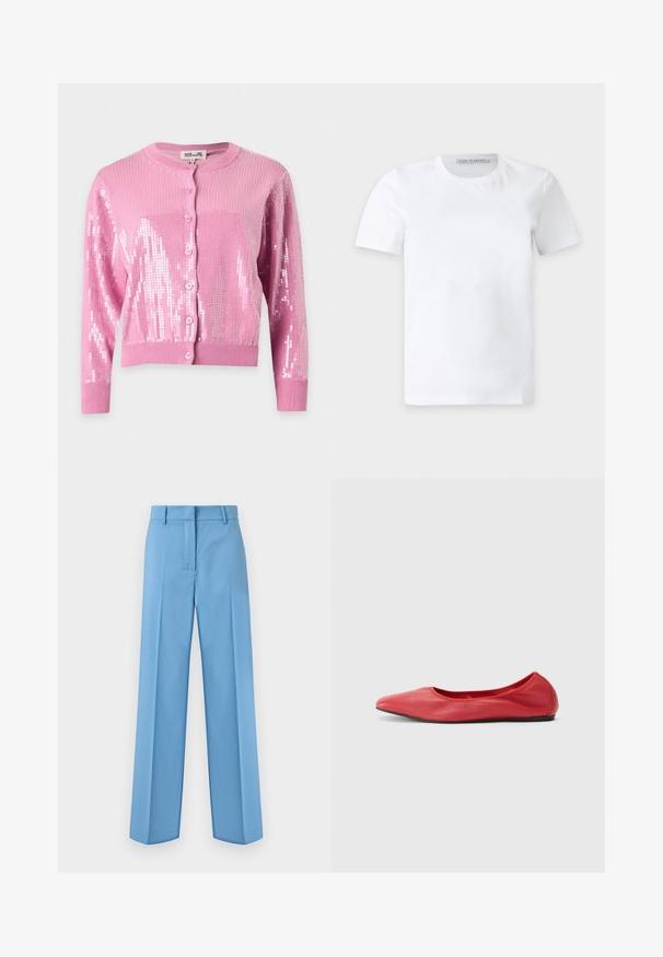 Cardigan rose à manches longues avec boutons, poignets et ourlet côtelés, décoré de sequins brillants sur les manches et le devant.; T-shirt blanc uni à manches courtes et col rond avec une petite étiquette de marque à l'intérieur du col portant la mention "Tiger of Sweden."; Pantalon droit bleu clair ajusté avec passants pour ceinture et fermeture éclair à l'avant, présenté sur un fond blanc.; Filippa K REY FLATS - Ballerines - bright red