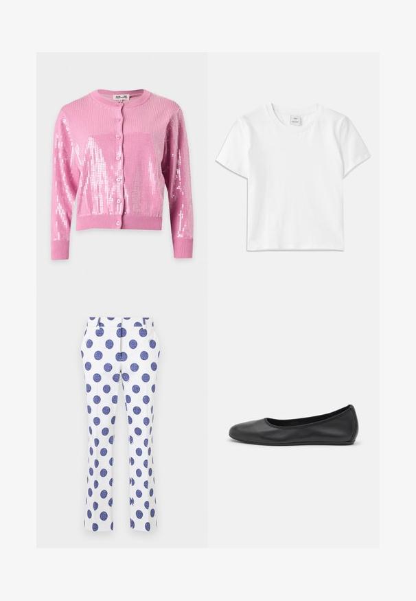Cardigan rose à manches longues avec boutons, poignets et ourlet côtelés, décoré de sequins brillants sur les manches et le devant.; T-shirt en coton blanc avec un col rond, des manches courtes et un ourlet droit. Étiquette marquée "Won Hundred" au centre de l'encolure.; Pantalon blanc avec de grands pois bleus, présentant un devant plat, deux poches latérales et un design à jambe droite. Texture de tissu lisse.; Ballerines en cuir noir avec un bout rond, texture lisse, détails de couture minimalistes et design de semelle flexible.