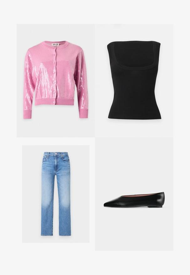 Cardigan rose à manches longues avec boutons, poignets et ourlet côtelés, décoré de sequins brillants sur les manches et le devant.; Haut noir ajusté sans manches avec un large décolleté carré et un tissu lisse, présenté sur un fond clair uni.; Jean en denim bleu taille haute, coupe droite, avec poches avant, passants pour ceinture, bouton, et détails délavés sur les cuisses et les genoux.; Chaussure plate en cuir noir pour femme, avec bout pointu et petit talon, vue de côté sur un fond gris clair uni.
