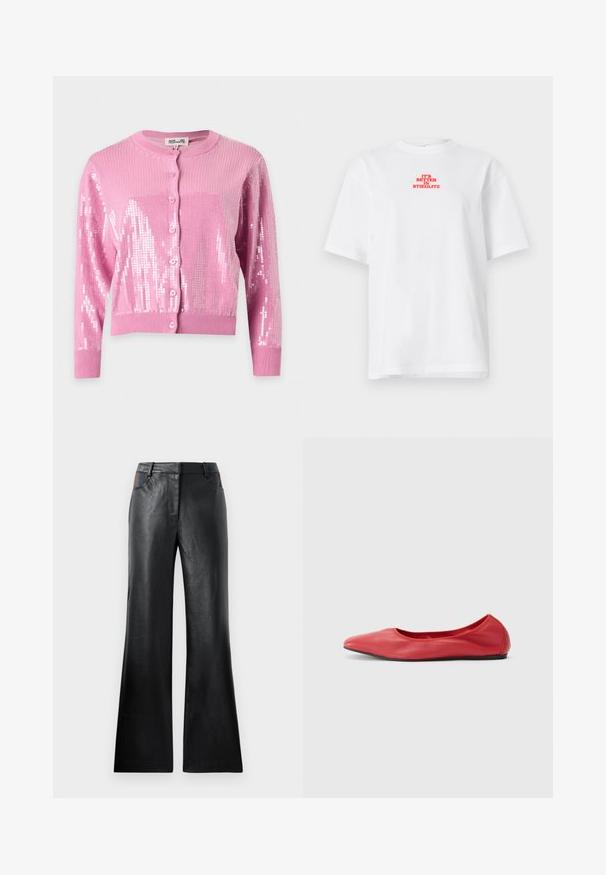 Cardigan rose à manches longues avec boutons, poignets et ourlet côtelés, décoré de sequins brillants sur les manches et le devant.; T-shirt blanc à manches courtes avec texte rouge "C'EST MIEUX À STIEGLITZ" centré près de la partie supérieure de la poitrine.; Pantalon évasé en cuir noir avec une texture lisse, comportant deux poches avant avec des accents noirs et marron près de la taille.; Filippa K REY FLATS - Ballerines - bright red