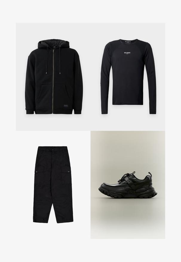 Sort lynlåshoodie lavet af fleece, med en snor i hætten, frontlommer og ribbede manchetter. Indersiden har en snorlignende tekstur.; Sort langærmet træningsskjorte lavet af glat, letvægtsstof. Har rund hals, raglanærmer og en diskret logo på brystet.; Sorte cargo bukser med frontknap og lynlås, sidelommer med klap og knapper samt justerbare snore i benåbningerne.; Sort chunky atletiksko med justerbar rem, snørelås og robust sål, vist i sideprofil på neutral baggrund.