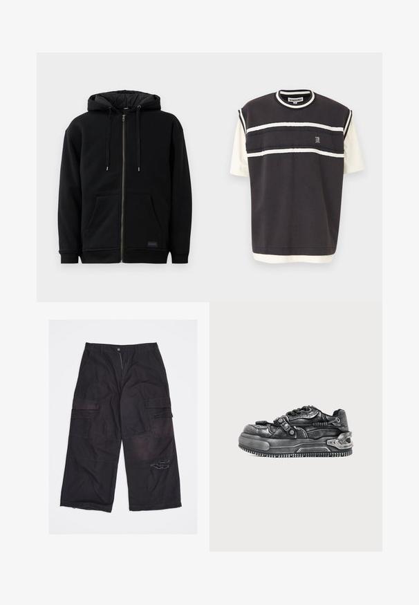 Zwarte fleece jack met ritssluiting, voorzien van een trekkoord kap, voorzakken en ribgebreide manchetten. De binnenkant heeft een gewatteerde textuur.; Korte mouw t-shirt met een donkere basis en crèmekleurige horizontale strepen en geborduurd logo. Gemaakt van zachte katoen met een relaxte pasvorm.; Zwarte wijde cargobroek met meerdere zakken en een versleten scheur op de rechterdij, plat gelegd op een witte achtergrond.; Stevige zwarte sneaker met een gestructureerde zool, veters aan de voorkant, decoratieve band en metalen details op een effen lichte achtergrond.