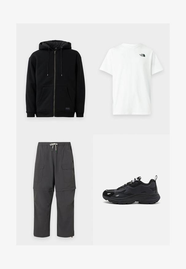Zwarte fleece jack met ritssluiting, voorzien van een trekkoord kap, voorzakken en ribgebreide manchetten. De binnenkant heeft een gewatteerde textuur.; Wit katoenen T-shirt met korte mouwen en een ronde hals, met een klein zwart logo van The North Face op de linkerborst.; Donkergrijze cargobroek met afneembare benen tot een korte broek, voorzien van een trekkoord in de taille en klepzakken.; Zwarte hardloopschoen met een gestructureerde bovenkant, gladde synthetische accenten, dikke zool en reflecterende details. Bevat een vetersluiting en een trekband.