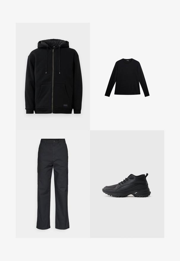 Sort lynlåshoodie lavet af fleece, med en snor i hætten, frontlommer og ribbede manchetter. Indersiden har en snorlignende tekstur.; Sort langærmet T-shirt lavet af glat stof, med rund hals og et diskret logo på fronten, i en afslappet pasform.; Sorte cargo bukser med lige ben i designet, der har sidelommer og et tekstureret stof. Knaplukning i taljen for en sikker pasform.; Sorte atletikskøjter lavet af syntetisk materiale. Har en polstret krave, rund tå, robust ydersål med godt greb og detaljer med mærkelogo.