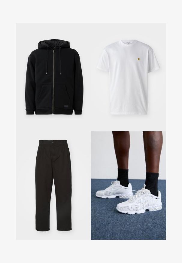 Sort lynlåshoodie lavet af fleece, med en snor i hætten, frontlommer og ribbede manchetter. Indersiden har en snorlignende tekstur.; Hvid bomulds t-shirt med korte ærmer, rund hals og et lille guld logo på venstre brystområde. Blød tekstur og almindelig pasform.; Sorte bukser lavet af glat stof, med knaplukning, lige pasform og to frontfolder for ekstra detalje.; Hvide atletik-sko med mesh-overdel, teksturerede accenter og polstret sål. Parret med sorte ribbede ankelstrømper på en blå tæppebelagt overflade.