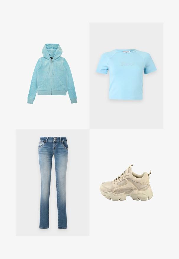 Haut à capuche zippé bleu clair avec poche kangourou, cordon de serrage et poignets côtelés. Fabriqué en tissu doux et texturé avec une finition lisse.; Crop top bleu clair à manches courtes avec col rond, avec l'inscription « Juicy » en strass centrée sur la poitrine.; Jeans en denim bleu clair avec un design à jambe droite, dotés d'une fermeture à deux boutons, de deux poches avant et d'une finition décolorée au niveau des genoux.; Baskets beige épaisses avec panneaux en mesh et cuir, semelle épaisse texturée, devant lacé, col rembourré, et languettes à la languette et au talon.