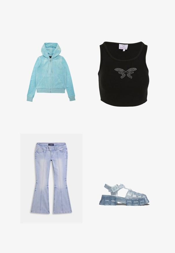 Haut à capuche zippé bleu clair avec poche kangourou, cordon de serrage et poignets côtelés. Fabriqué en tissu doux et texturé avec une finition lisse.; Top court noir en maille côtelée avec un design ajusté, orné d'un motif de papillon en strass à l'avant. Comprend une étiquette avec le nom de la marque.; Jean évasé bleu clair avec poches avant et arrière, fermeture à double bouton et coutures visibles sur toute la surface.; Sandale en gelée transparente avec semelle épaisse texturée et bride ajustable à boucle, présentant des paillettes à travers le matériau transparent.
