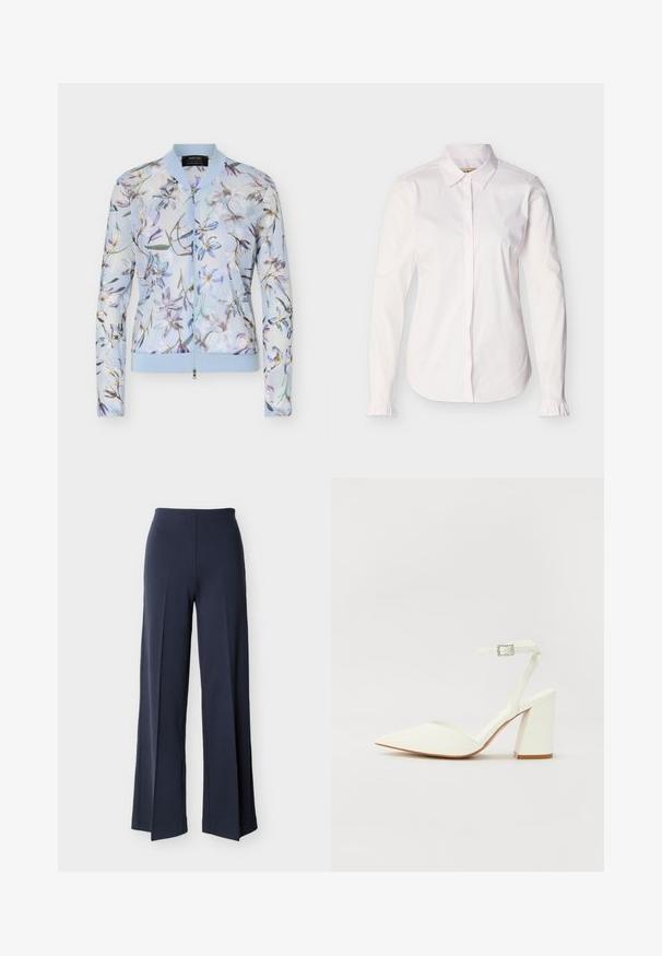 Blouson aviateur bleu clair à fermeture éclair, avec col et poignets côtelés, présentant un délicat motif floral multicolore sur un tissu transparent.; Chemise blanche à manches longues pour femmes avec col pointu, boutons cachés sur le devant et petits volants aux poignets.; Pantalon large bleu marine avec fentes latérales, taille haute et devant lisse, présenté sur un fond blanc.; Sandale blanche à talon avec un bout pointu, sangle de cheville réglable et un talon carré épais. Texture lisse avec des détails de couture minimaux.