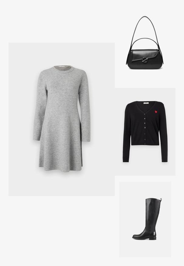 Μαύρο cardigan με V-λαιμόκοψη, μακριά μανίκια και κοντή σχεδίαση. Διαθέτει κόκκινη κεντητή καρδιά και κούμπωμα με μαύρα κουμπιά μπροστά.; Γκρι μακρυμάνικο φόρεμα από μαλακό ύφασμα; διαθέτει στρογγυλή λαιμόκοψη και χαλαρή εφαρμογή, φαρδαίνει ελαφρώς στο στρίφωμα με πλαϊνές σχισμές.; Μαύρες δερμάτινες μπότες μέχρι το γόνατο με λεία επιφάνεια, στρογγυλή μύτη, χαμηλό τακούνι και θηλάκι στην πίσω πλευρά. Μινιμαλιστικός σχεδιασμός χωρίς ορατά σχέδια.; Μαύρη δερμάτινη τσάντα ώμου με καμπυλωτό καπάκι που ασφαλίζει με στρογγυλό μεταλλικό κούμπωμα και λεπτό, ρυθμιζόμενο λουράκι.