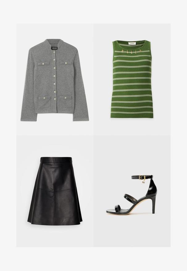 Gilet en tricot gris avec un col arrondi, fermeture à boutons sur le devant, deux poches plaquées et des accents nacrés sur les boutons.; Top vert côtelé sans manches avec des rayures blanches horizontales et de petits charms dorés près de l'encolure ronde, étiqueté Sandro.; Jupe droite en cuir noir avec une texture lisse et des coutures visibles. La conception comprend une ceinture à la taille et un ourlet évasé.; Sandale en cuir verni noir avec trois brides, boucle de cheville et talon aiguille de 10 cm. Présente un détail en métal doré et un charm logo.