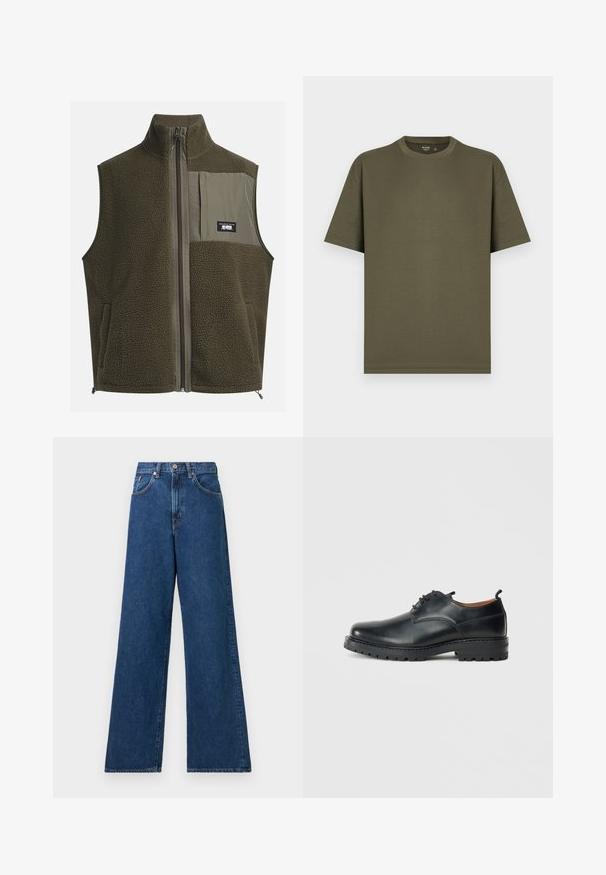 Gilet en polaire de couleur vert olive foncé avec un col haut, fermeture éclair et poche sur la poitrine gauche. Il présente un tissu texturé et des poches latérales.; T-shirt à manches courtes uni vert olive, col rond, coupe régulière, présenté sur un fond clair.; Jean en denim bleu à jambes larges avec une taille haute, présentant des passants de ceinture et des poches avant. Le tissu a une texture lisse et des coutures minimales.; Chaussures derby en cuir noir avec une texture lisse, bout rond, design à lacets et une semelle en caoutchouc épaisse et robuste.