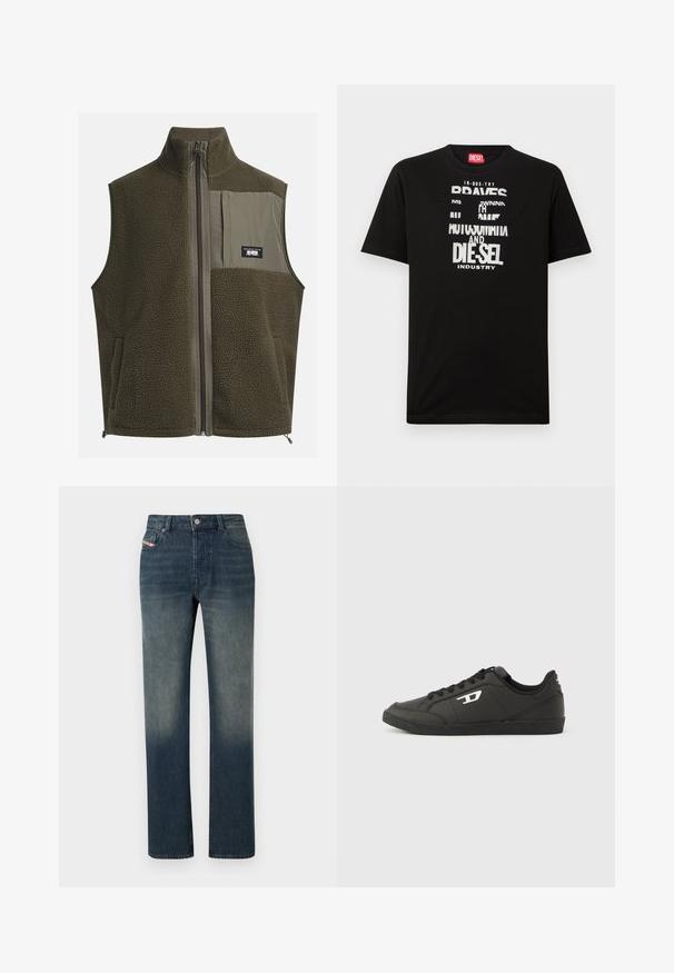 Gilet en polaire de couleur vert olive foncé avec un col haut, fermeture éclair et poche sur la poitrine gauche. Il présente un tissu texturé et des poches latérales.; T-shirt noir en coton avec des graphismes textuels blancs audacieux, incluant "DIESEL" et "INDUSTRY", avec un col rond et des manches courtes.; Jean en denim bleu à jambe droite avec lavage délavé, fermeture avant par bouton et fermeture éclair, et design à cinq poches.; Baskets synthétiques noires avec une semelle noire texturée, un bout rond et des lacets plats noirs. Logo blanc remarquablement placé sur le côté extérieur.