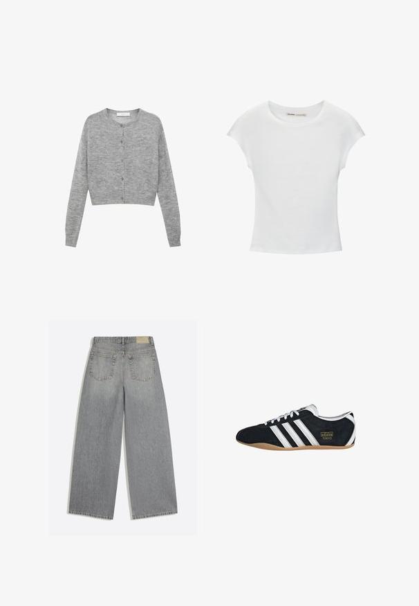 Cardigan gris court en matière douce, avec manches longues, col rond et fermeture par boutons à l'avant.; T-shirt en coton blanc avec manches courtes retroussées, encolure ronde et ourlet droit. Texture lisse sans motifs ni accents visibles.; Jean en denim gris à jambes larges montrant l'arrière avec deux poches et des passants de ceinture, posé à plat sur fond blanc.; Sneakers en suede noir avec trois bandes blanches, logo doré et semelle en caoutchouc marron. Présente un design à lacets à profil bas.