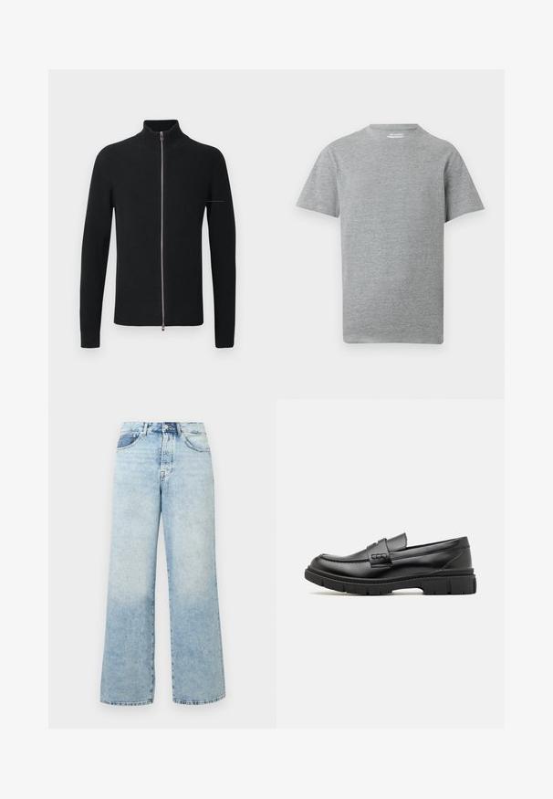 Sort ribbede striktrøje med høj krave og fuldlængde lynlås, der har lange ærmer og en elegant silhuet.; Simpel grå kortærmet t-shirt med rund hals og et lille hvidt "ONLY & SONS" mærke indeni kraven.; Lyseblå høj talje jeans i denim med knap- og lynlåslukning, forlommer og vidde i benene.; Sort læder loafersko med en bred rem over forfoden, gummisål med tykke mønstre og glat overflade. Klassisk, slankt design.