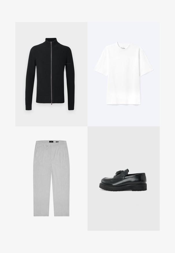 Sort ribbede striktrøje med høj krave og fuldlængde lynlås, der har lange ærmer og en elegant silhuet.; Enkel hvid T-shirt med korte ærmer og rund hals med afslappet pasform, vist på en lys baggrund.; Lysegrå bukser med en subtil tekstur, der har forkantplisseringer, sidelommer og bæltestropper. Lige ben-design, minimalistisk stil.; Sort læderloafer med kvaster, tyk gummisål og lav hæl, vist i sideprofil på en ensfarvet baggrund.