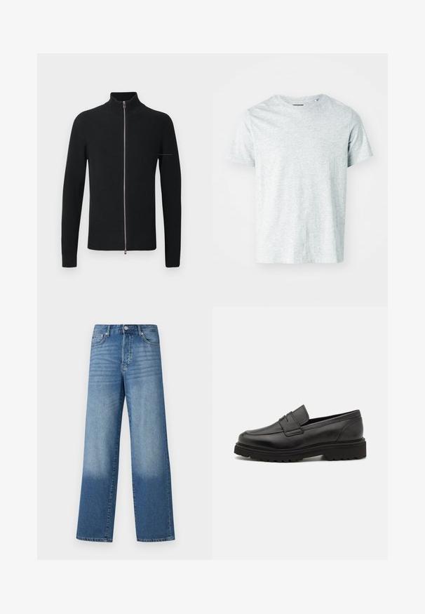 Sort ribbede striktrøje med høj krave og fuldlængde lynlås, der har lange ærmer og en elegant silhuet.; Lys grå, kortærmet t-shirt lavet af blødt stof, med en rund hals og en let afslappet pasform. Ingen synlige mønstre eller grafik.; Blå højtaljede strækte jeans med falmede områder på lårerne og mørkere skygger nær kanten, synlig frontknap og lommer.; Sort læder loafersko med rund tå, syningsdetaljer og en tyk, struktureret sål. Har et elegant, minimalistisk design.