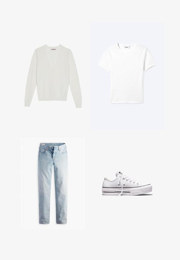 Cárdigan blanco hecho de material suave, con un diseño de cuello en V, cierre de botones y mangas largas con puños y dobladillo de punto ribeteado.; Camiseta blanca lisa de manga corta con cuello redondo y una pequeña etiqueta "WEEKDAY" dentro del cuello, mostrada extendida sobre un fondo claro.; Jeans de mezclilla azul claro con diseño de pierna recta, cinco bolsillos y cierres de botones metálicos en una pretina estándar.; Zapatilla blanca de lona de corte bajo con cordones blancos, suela de goma, detalles de rayas negras y parche de logo en la lengüeta y el talón.