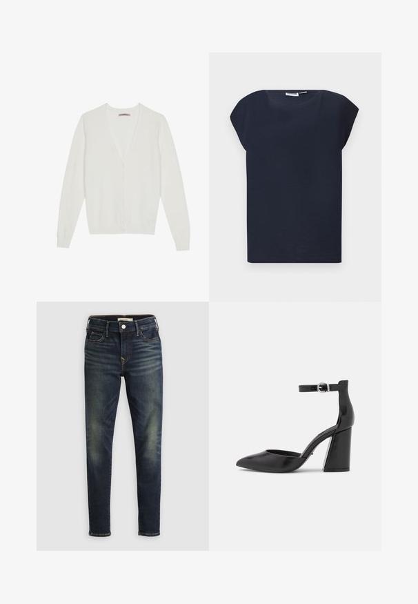 Cárdigan blanco hecho de material suave, con un diseño de cuello en V, cierre de botones y mangas largas con puños y dobladillo de punto ribeteado.; Camisa azul marino oscuro de manga corta con escote redondo, presentada en plano sobre fondo gris claro.; Vaqueros ajustados de color azul oscuro con desgaste en los muslos y las rodillas, diseño de cinco bolsillos, cierre de botón y trabillas para cinturón.; ONLY SHOES ONLPAVI - Tacones - black