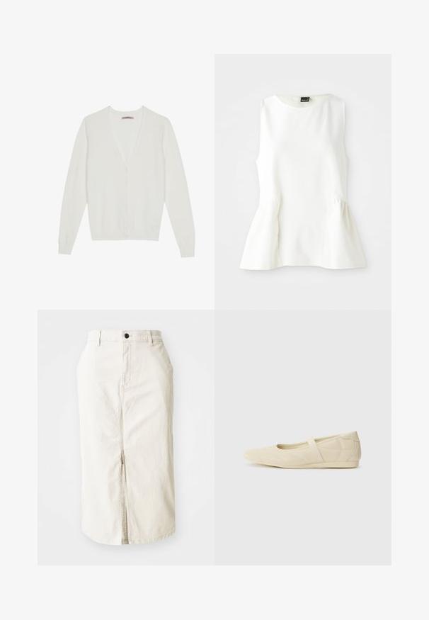 Cárdigan blanco hecho de material suave, con un diseño de cuello en V, cierre de botones y mangas largas con puños y dobladillo de punto ribeteado.; Blusa sin mangas blanca con escote redondo y detalle de peplum en la cintura, hecha de una tela suave, dispuesta plana sobre un fondo blanco.; Falda midi de algodón beige con abertura delantera, cierre con botón superior y sin bolsillos visibles. Cintura plana y textura suave.; Bailarinas beige con un exterior de cuero liso, punta en forma de almendra y una correa elástica en el empeine, con detalles de costura sutiles.