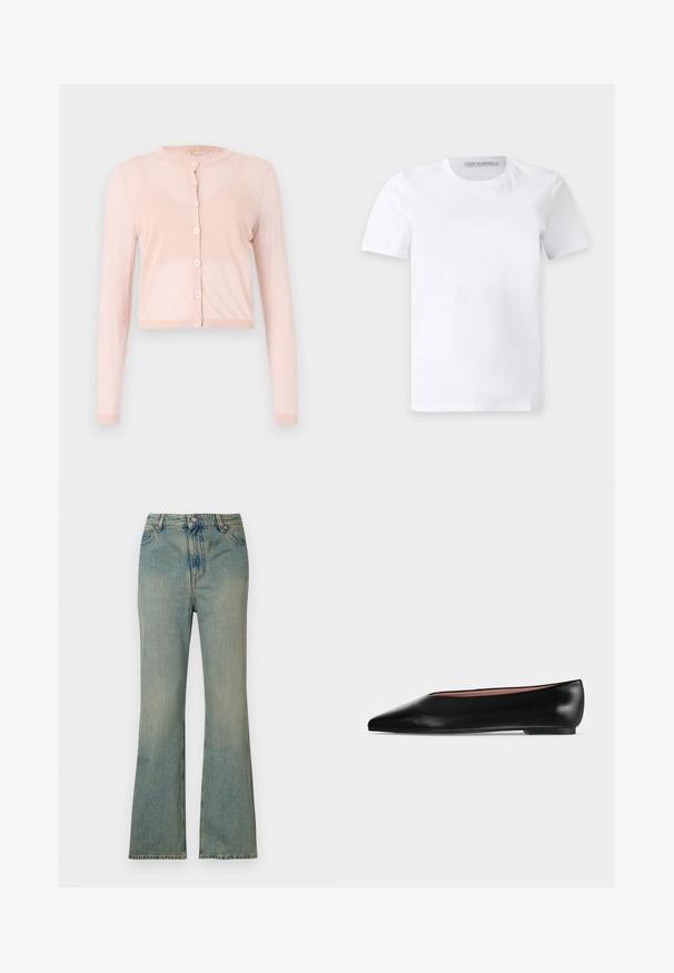 Roze, geknipte cardigan van zacht gebreid materiaal, met lange mouwen en een ronde halslijn. Zes knopen aan de voorkant met ribgebreide manchetten.; Effen wit T-shirt met korte mouwen en een ronde hals, met een klein merkje aan de binnenkant van de kraag waarop "Tiger of Sweden." staat; Lichtblauwe spijkerflared jeans met een hoge taille, vijf zakken en een rits. Schoon, vervaagd uiterlijk met subtiele stikdetails.; Zwarte leren damesschoen met platte zool, puntige neus en lage hak, zijwaarts afgebeeld tegen een effen lichtgrijze achtergrond.