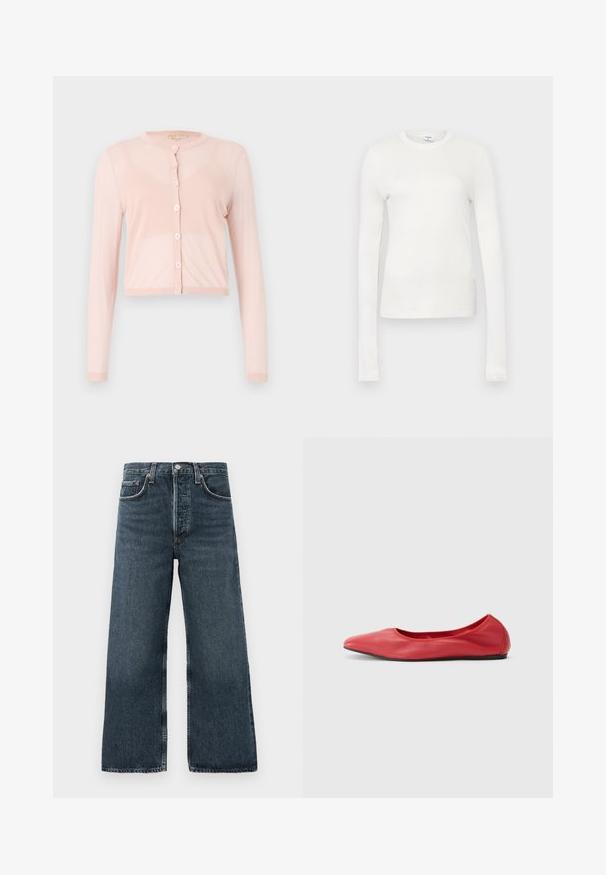 Roze, geknipte cardigan van zacht gebreid materiaal, met lange mouwen en een ronde halslijn. Zes knopen aan de voorkant met ribgebreide manchetten.; Witte langemouwen t-shirt gemaakt van zachte katoen. Heeft een ronde hals, aansluitende pasvorm en een gladde textuur. Geen patronen of accenten.; Donkerdenim wijdvallende jeans met een knoop- en ritssluiting, voorzien van vijf zakken en subtiele slijtage op de stof.; Filippa K REY FLATS - Ballerina's - bright red