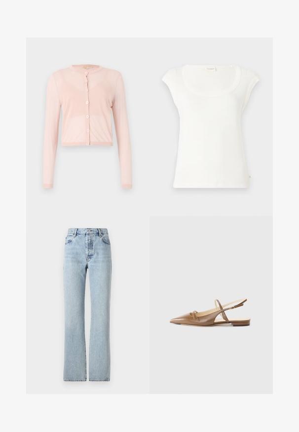 Roze, geknipte cardigan van zacht gebreid materiaal, met lange mouwen en een ronde halslijn. Zes knopen aan de voorkant met ribgebreide manchetten.; Witte T-shirt met korte mouwen, gemaakt van zachte katoen. Heeft een ronde halslijn en een relaxte pasvorm. Labels bevestigd aan de achterkant.; Lichtblauwe denim jeans met een hoge taille, rechte pijpen, een klassiek vijf-pocket ontwerp en een subtiele vervaging overal.; Bruine leren slingback schoenen met een spitse neus, twee smalle banden en een lage hak. Gladde textuur met een gepolijste afwerking.