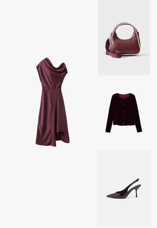 Haut à manches longues en velours bordeaux avec un col rond et une fermeture à nouer décorative à l'avant. Texture douce et design fluide.; Robe asymétrique sans manches en satin violet foncé avec encolure drapée et ourlet asymétrique.; Soulier à talons hauts type slingback en cuir verni marron foncé brillant, à bout pointu, côtés ouverts et bride de cheville réglable.; Sac à main en cuir tressé marron foncé avec poignée courbée, garniture blanche, fermeture éclair argentée et bandoulière large en tissu amovible sur fond uni.