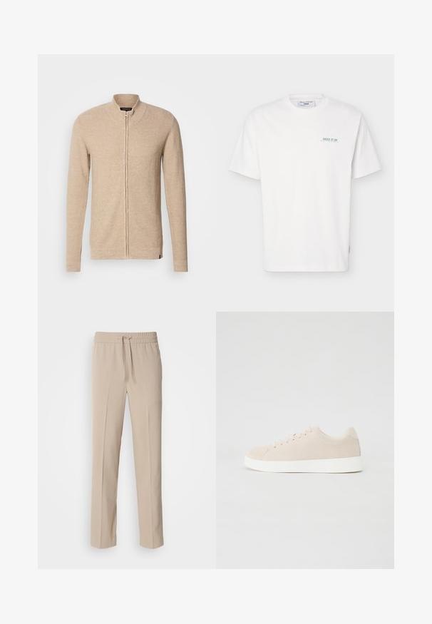 Cardigan zippé beige avec un col montant, des manches longues, un tissu tricoté texturé et des accents côtelés subtils sur les poignets et l'ourlet.; T-shirt blanc à manches courtes avec col rond, avec un petit texte vert "JUICE IT UP Marc O'Polo Denim" sur la partie gauche de la poitrine.; Pantalons beiges, coupe décontractée, fabriqués en tissu doux, dotés d'une taille élastique avec cordon de serrage et de jambes droites avec des accents minimalistes.; Baskets en daim beige avec semelles en caoutchouc blanc, bout rond et six œillets pour les lacets. Texture lisse avec un design minimaliste.