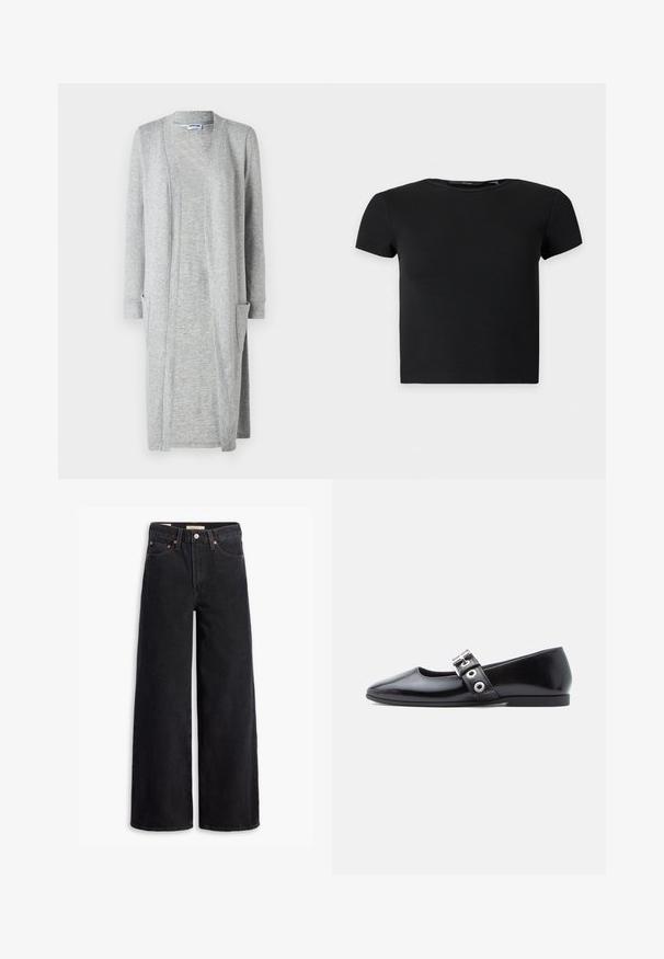 Grå lang cardigan lavet af blødt, struktureret stof, med åben frontdesign og to påsyede lommer på forsiden.; Sort kortærmet ribbet crop top med rund halsudskæring, vist på en ensfarvet lys baggrund.; Sorte brede benjeans lavet af denim, med fem lommer, kobbernitter og en klassisk knaplukning. Glat tekstur med et rent design.; Sort laklæder flad sko med firkantet tå, sidespænde detalje og en lav, rund hæl. Glat tekstur og minimalistisk design.