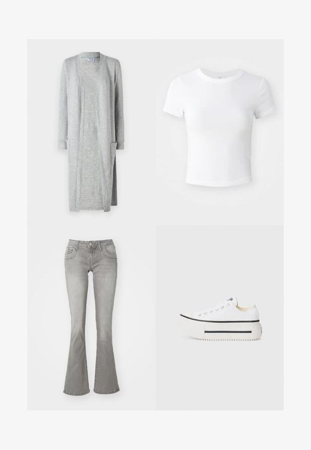 Cardigan long gris en tissu doux et texturé, avec un design ouvert à l'avant et deux poches à soufflet sur les côtés avant.; T-shirt courte à manches courtes, blanche, avec un col rond, présentée sur un fond neutre et lumineux.; Jeans gris évasés avec une taille mi-haute, poches avant et fermeture à bouton, fabriqués en denim avec une texture lisse.; Baskets platform blanches en toile avec semelle en caoutchouc noire, bout rond, et œillets en métal, présentant un design simple et épuré.