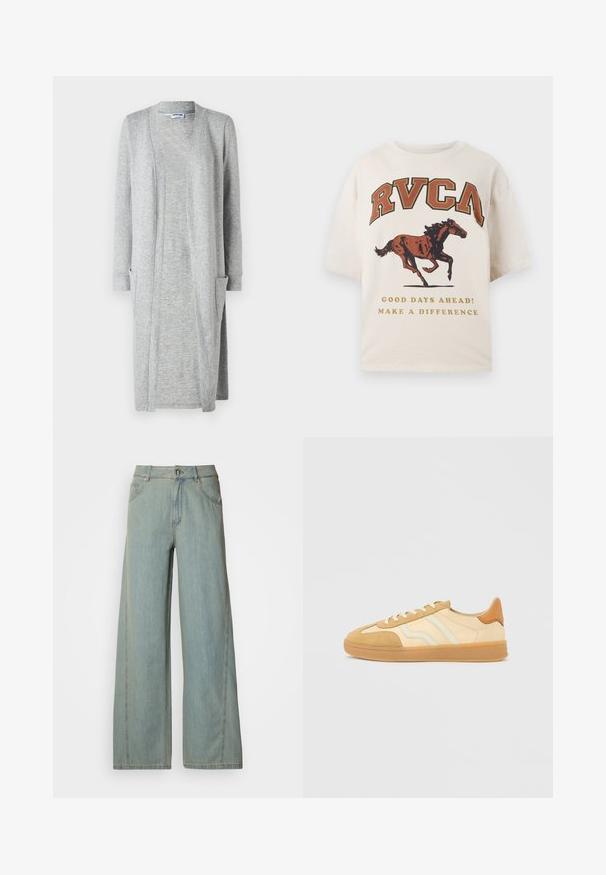 Grå lang cardigan lavet af blødt, struktureret stof, med åben frontdesign og to påsyede lommer på forsiden.; Beige T-shirt med korte ærmer med teksten "RVCA", grafik af en galopperende hest og ordene "Good days ahead! Make a difference" i guldskrift.; Lyseblå bredbuks jeans lavet af denim, med knap- og lynlås-lukning, fem lommer og kontrasterende syninger.; Sneakers i tan og creme med ruskind og lædermaterialer, udstyret med gummisåler, tre striber og en brun hælaccente.