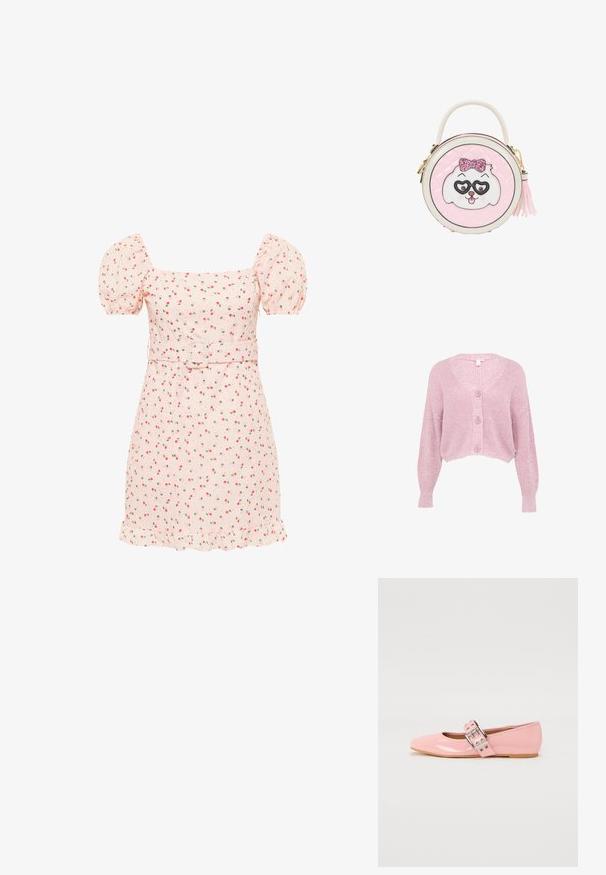 Cardigan court rose avec un col en V, des manches longues et un motif tricoté texturé, comportant quatre boutons à l'avant et des poignets côtelés.; Robe courte rose clair avec manches bouffantes, motif floral, encolure carrée, taille ceinturée et ourlet à volants.; Ballerines en cuir verni rose avec un bout carré, détail de sangle à boucle et une semelle en caoutchouc plate. Texture lisse sur l'ensemble.; Sac à main rond rose avec un visage de chien blanc et rose portant un nœud pailleté et des lunettes en forme de cœur, une poignée supérieure et une tirette de fermeture éclair à pompon sur le côté.