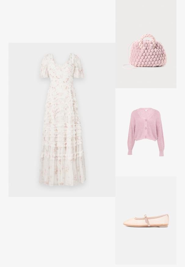 Cardigan court rose avec un col en V, des manches longues et un motif tricoté texturé, comportant quatre boutons à l'avant et des poignets côtelés.; Robe maxi blanche à volants avec motif floral, encolure carrée, manches courtes bouffantes et texture en couches. Design léger et féminin.; Chaussure plate beige clair avec un bout pointu et une bride latérale avec boucle, présentée sur un fond blanc uni.; Sac à main en pompon rose texturé avec une poignée tressée et une fine sangle. Forme ronde, surface douce, design compact.