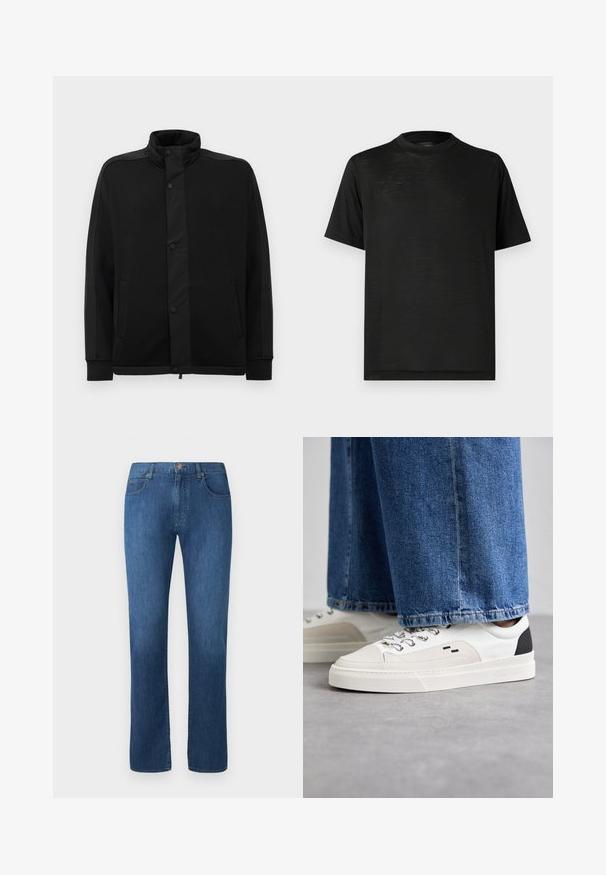 Sort jakke med høj krave, trykknapper og kontrasterende stofpaneler. Har to sidelommer og ribbede manchetter for et tætsiddende look.; Sort kortærmet t-shirt med høj hals, der har en glat tekstur og subtil glans, lavet af letvægtsstof. Ingen synlige logoer.; Mørkeblå denimjeans med lige ben-design, fem lommer og lukning med frontknap. Glat tekstur og klassiske syninger.; Hvide og sorte sneakers med en glat læderoverdel, teksturerede detaljer og en kraftig hvid sål. Har et klassisk snørebåndsdesign.