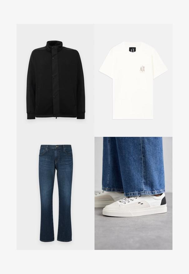 Zwarte jas met hoge kraag, drukknoopsluitingen en contrasterende stofpanelen. Bevat twee zijzakken en geribde manchetten voor een strakke pasvorm.; Witte katoenen t-shirt met korte mouwen, met een klein geborduurd logo in beige op de borst. Ronde halslijn en een losse pasvorm.; Donkerblauwe denim jeans met een rechte pijp, vijf zakken en een metalen knoopsluiting. Glad materiaal met subtiele vervaging.; Witte en zwarte sneakers met een glad leren bovenwerk, textuuraccenten en een chunky witte zool. Heeft een klassiek vetersluiting ontwerp.
