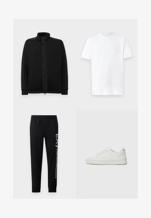 Sort jakke med høj krave, trykknapper og kontrasterende stofpaneler. Har to sidelommer og ribbede manchetter for et tætsiddende look.; Hvid bomulds t-shirt med korte ærmer, rund halsudskæring, der har et diskret gråt logo print på venstre bryst og en glat overflade.; Sorte sweatpants lavet af en bomuldsblanding, med elastisk talje, smalle ben, ribbede manchetter og hvidt logo print langs siden.; Hvide lædersneakers med en glat overflade, rund tå, flade snørebånd og en tekstureret sål. Har et diskret logo på hælen.