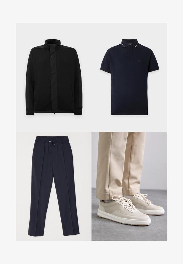 Zwarte jas met hoge kraag, drukknoopsluitingen en contrasterende stofpanelen. Bevat twee zijzakken en geribde manchetten voor een strakke pasvorm.; Donkerblauw poloshirt met korte mouwen, witte bies op de kraag en klein logo op de linkerborst, weergegeven op een effen achtergrond.; Marineblauwe broeken met een elastische tailleband en koord. Voorzien van twee voorplooien en taps toelopende benen voor een gestructureerd silhouet.; Beige sneakers met een textuur bovenkant, witte zolen en gestikte accenten, gecombineerd met beige broeken, tentoongesteld op een grijze ondergrond.