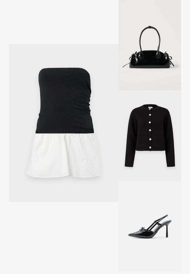 JDY JDYKIM - Gilet - black; Top noir sans bretelles avec une texture froncée, se poursuivant par une jupe en coton blanc évasée. Design simple bicolore, tissu léger.; Chaussure slingback à talon haut en cuir verni noir, avec bout pointu, talon fin et double brides décoratives sur le cou-de-pied.; Petit sac à main noir brillant avec deux longues anses et des détails à cordon sur les côtés sur un fond clair uni.